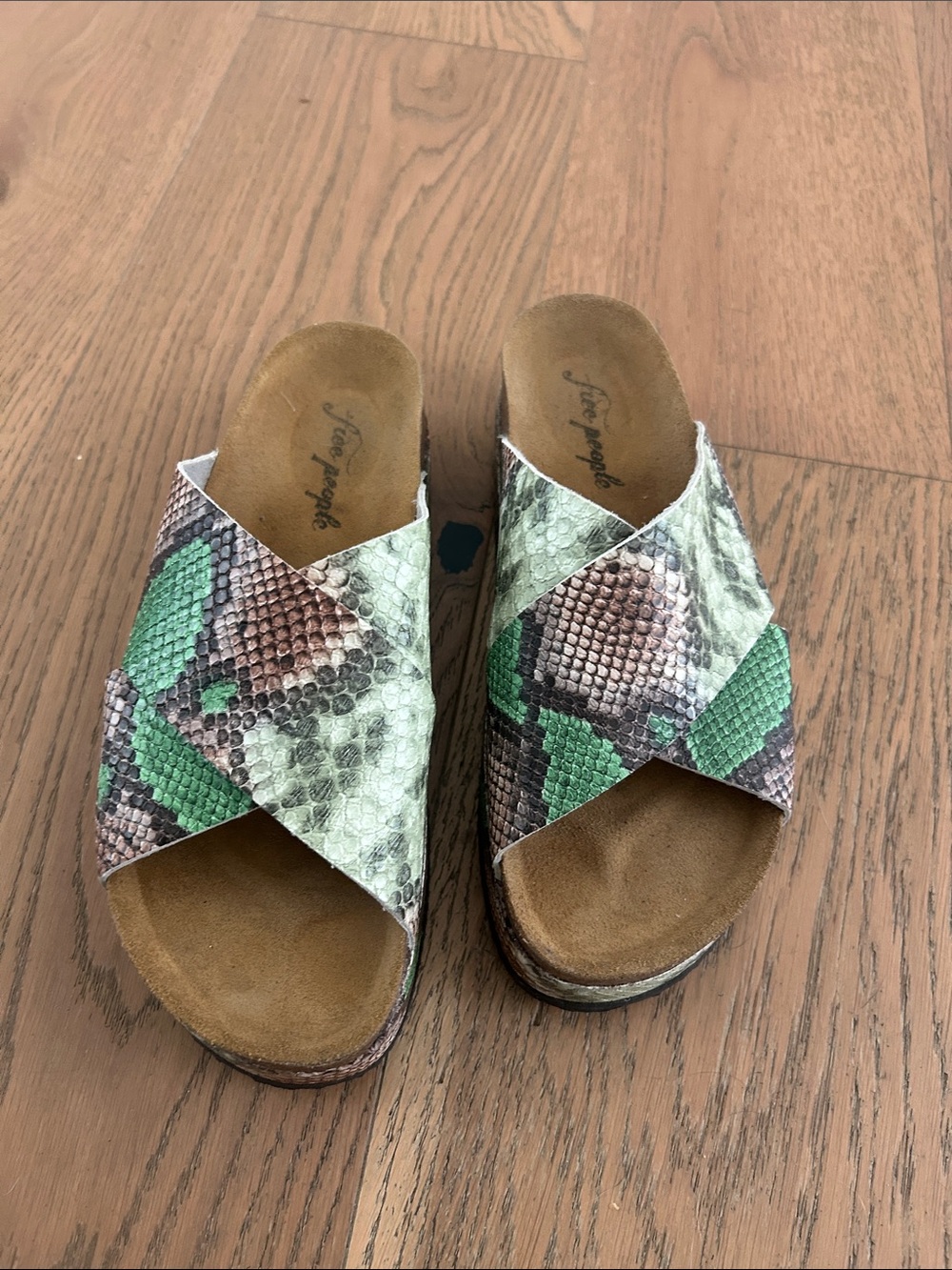 Free People Green Snake Print Slide Sandals